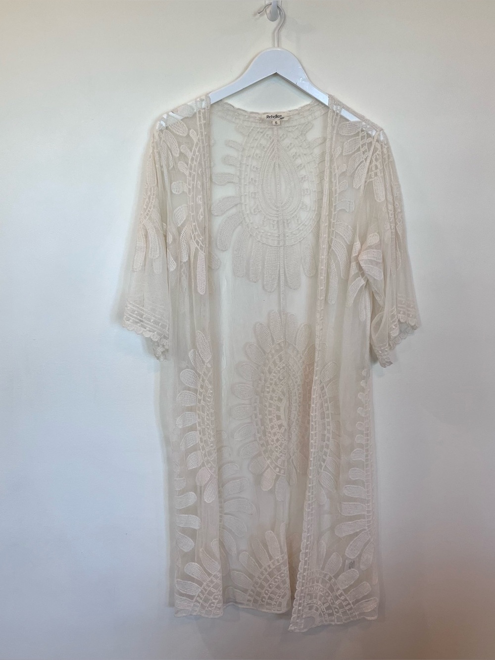Rebellion Again Boho Duster Womens Small Open Front Lace Mesh Cover-Up